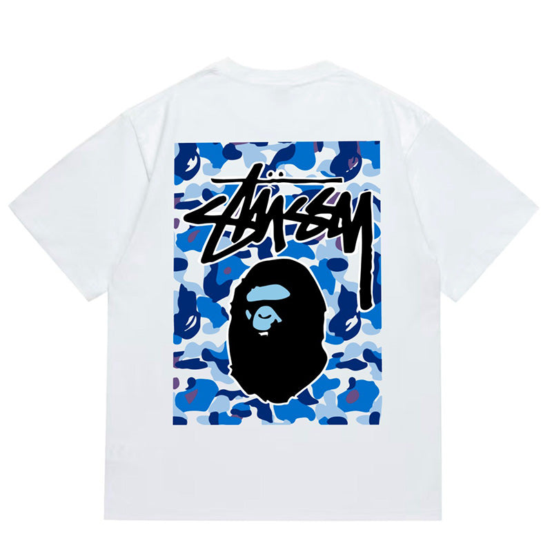 BAPE x Stussy Blue Camo Back Print Men's T-Shirt - White