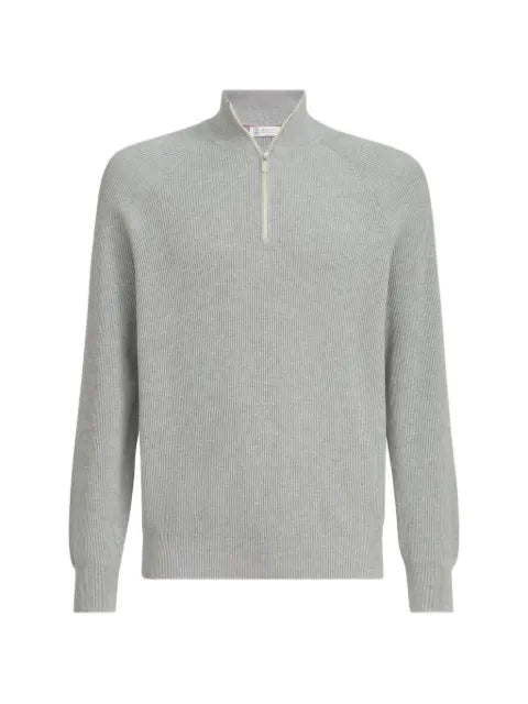 Brunello Cucinelli cotton English rib sweater with half-zip and raglan sleeves