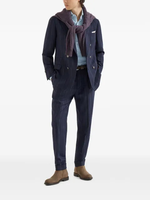 Brunello Cucinelli cashmere and virgin wool multistripe twill one-and-a-half breasted deconstructed blazer with metal buttons