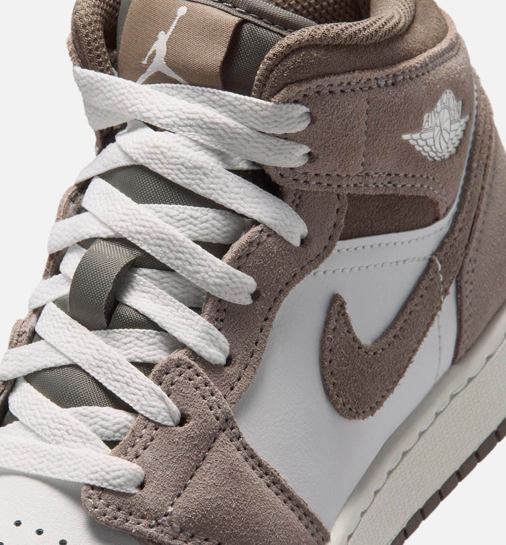Air Jordan 1 Mid Grade School Lifestyle Shoes - Enigma Stone Olive Grey Summit White