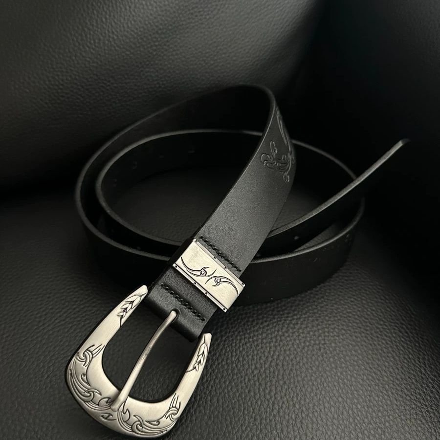 Vintage Scroll Engraved Leather Belt Western Floral Pin Buckle Unisex