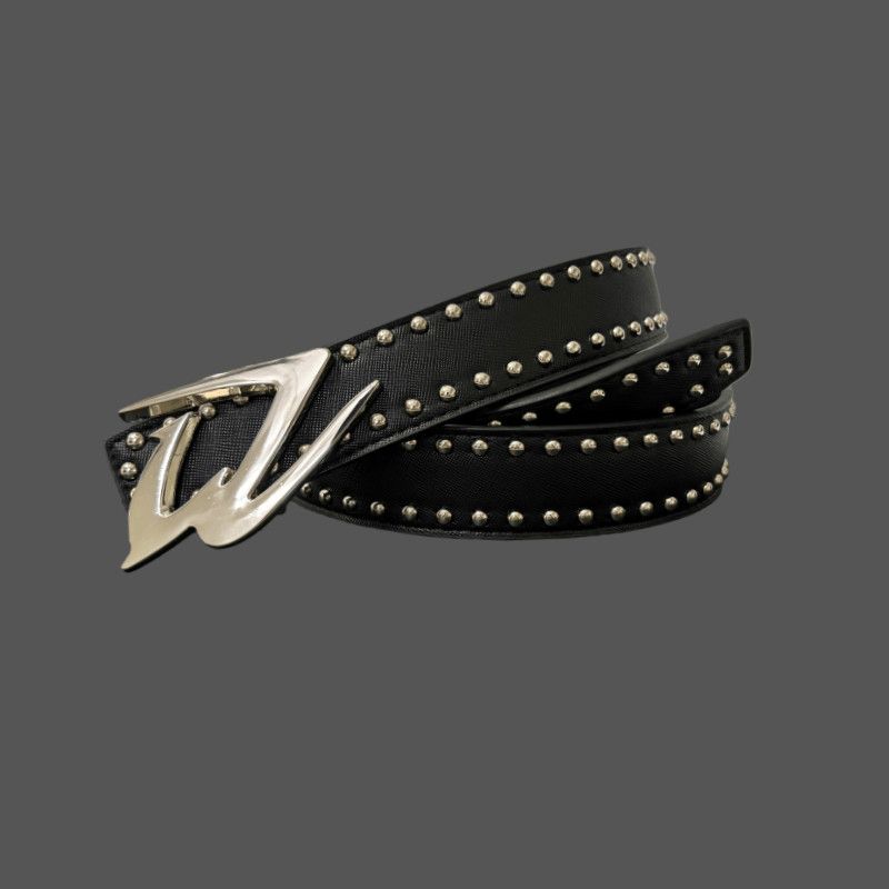 Y2K Punk Studded Leather Belt Futuristic Logo Metal Buckle Waist Belt