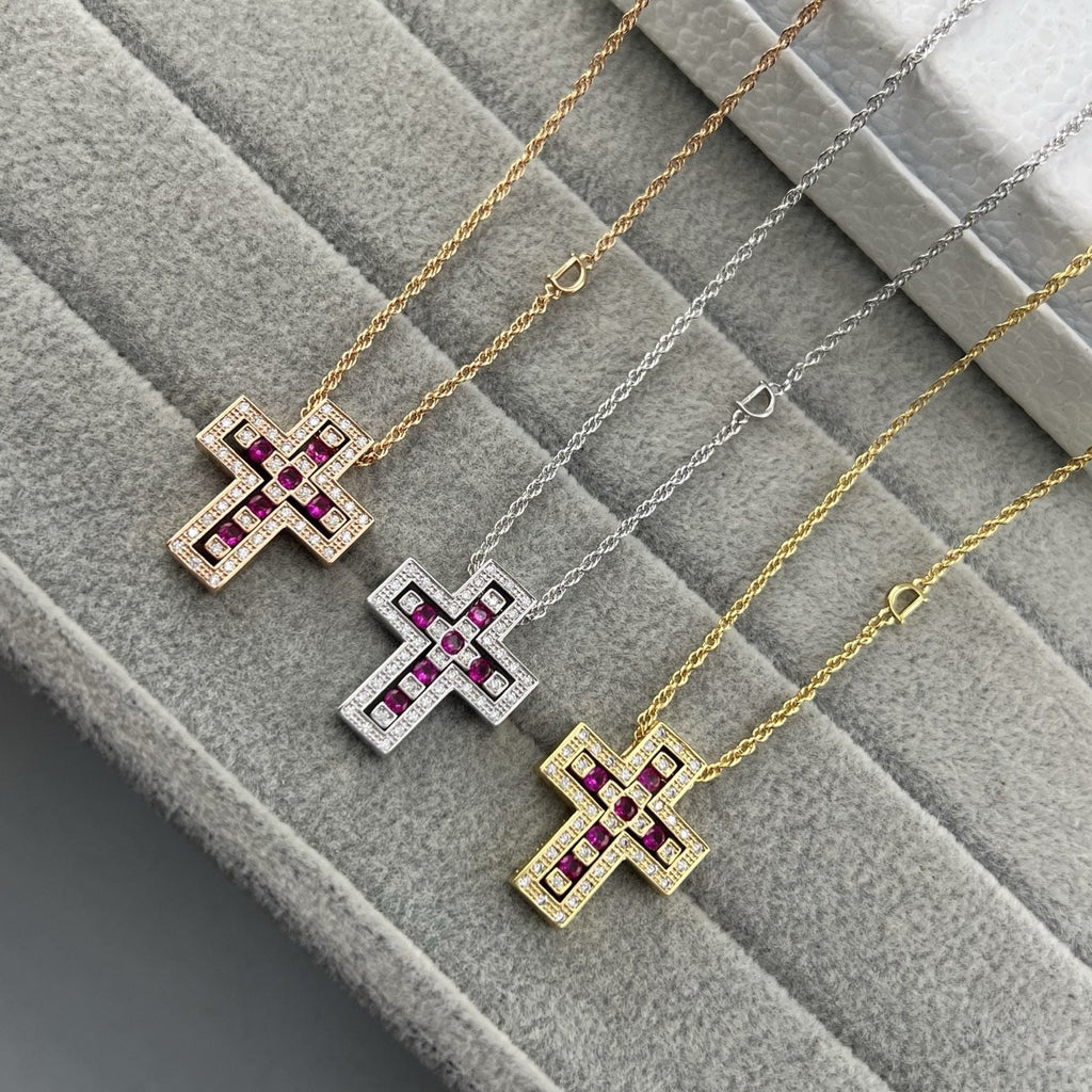 Damiani Style Cross Cubic Zirconia White-Gold-Plated Necklace
