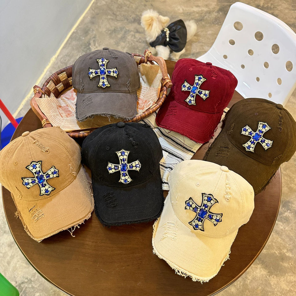 Rhinestone Cross Distressed Baseball Cap Streetwear Multi‑Style