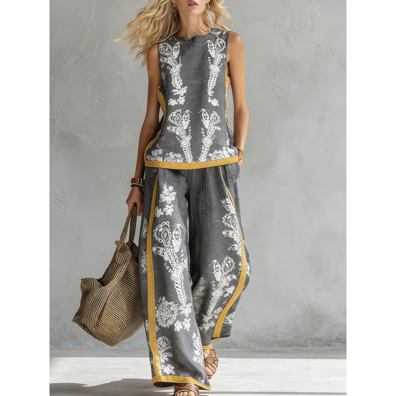 Boho Floral Trim Sleeveless Wide Leg Two Piece Set