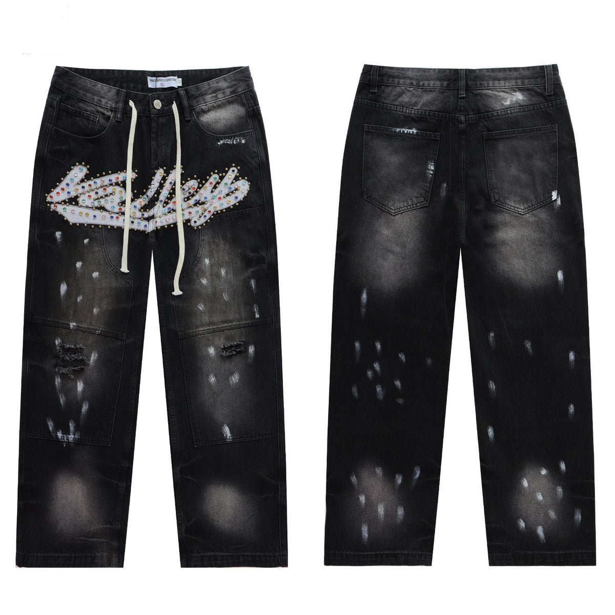 Vale Forever Black Washed Rhinestone Logo Splatter Wide Leg Jeans