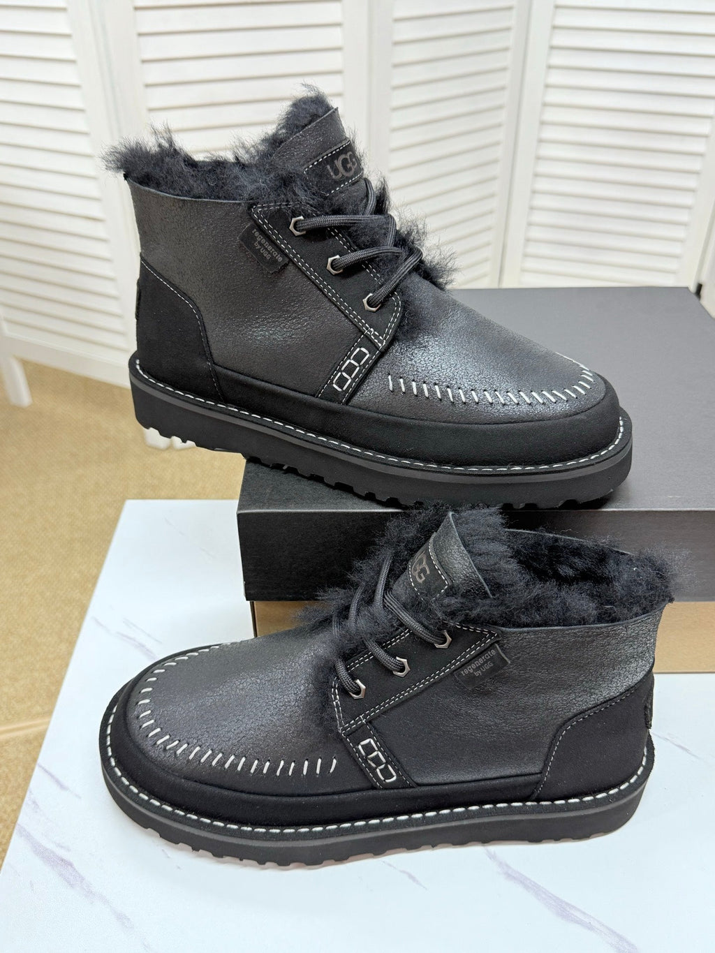 UGG Black Shearling-Collar Leather Boots