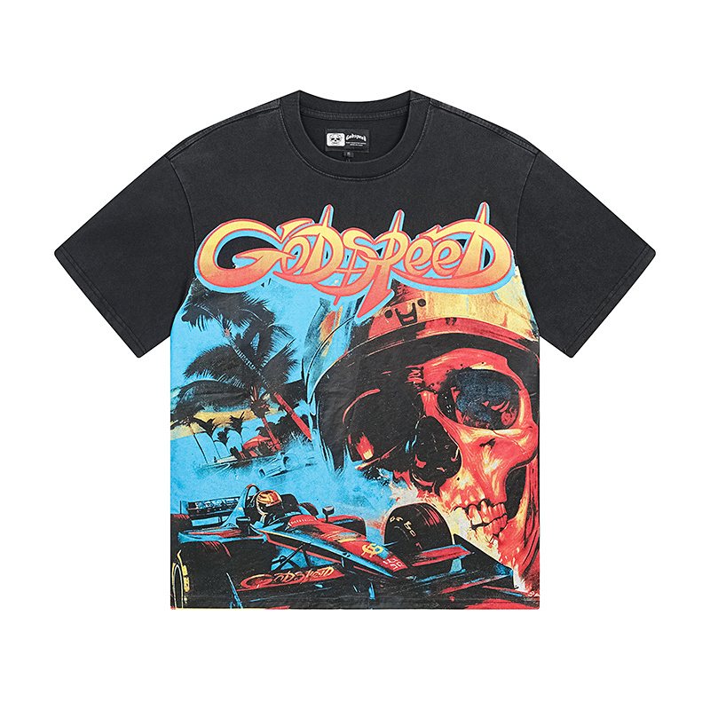 Godspeed Washed Black Skull Racing Graphic T-Shirt