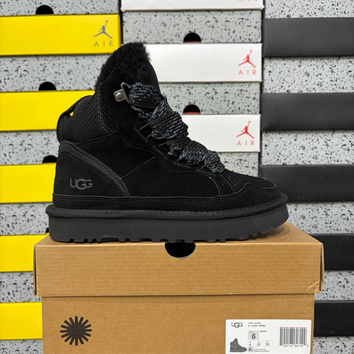 UGG Classic Hiker Women's Boot – Suede & Textile Hiker Boot with Black Shearling Lining, Braided Rope Lace & All-Black Classic Sunburst Sole in Black