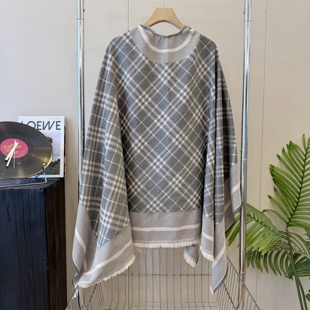 Burberry Style Reversible Plaid Cape Shawl