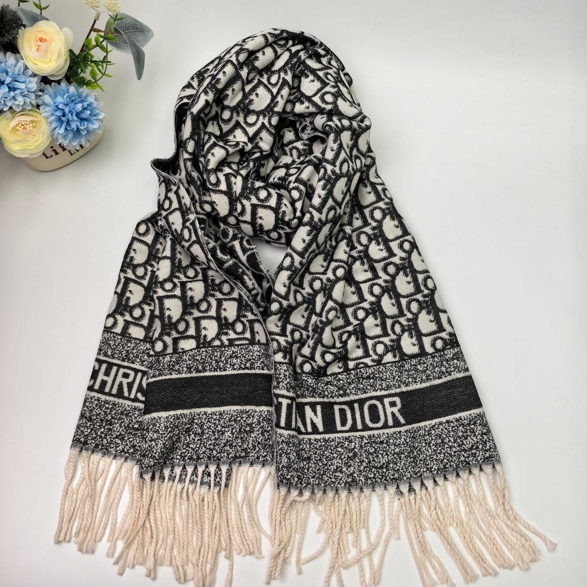 Dior Style Oblique Logo Fringe Scarf