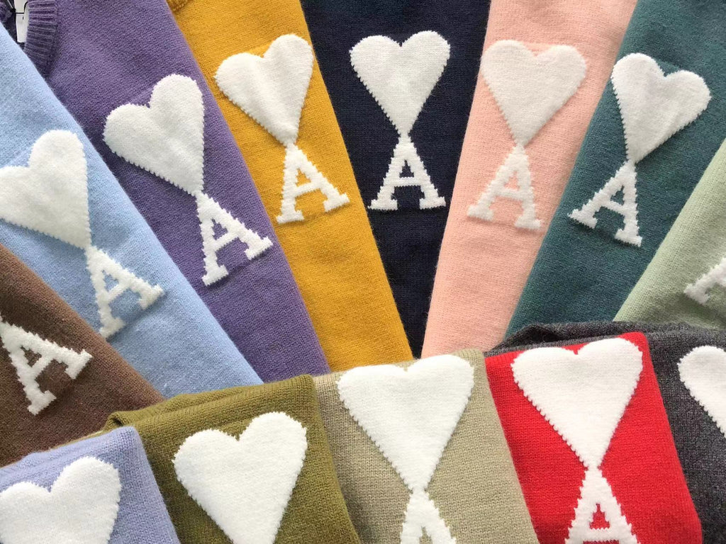 AMI Paris Maxi White Heart Knit Sweater Sand