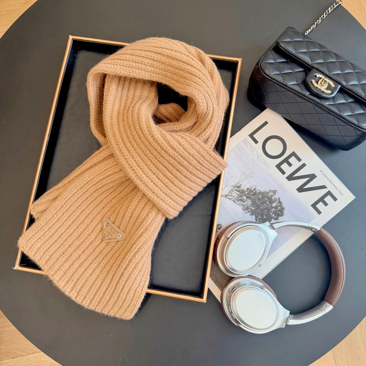 Prada Style Rib-Knit Logo Scarf