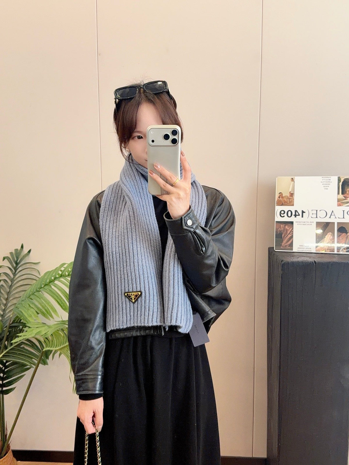 Prada Style Rib-Knit Logo Scarf