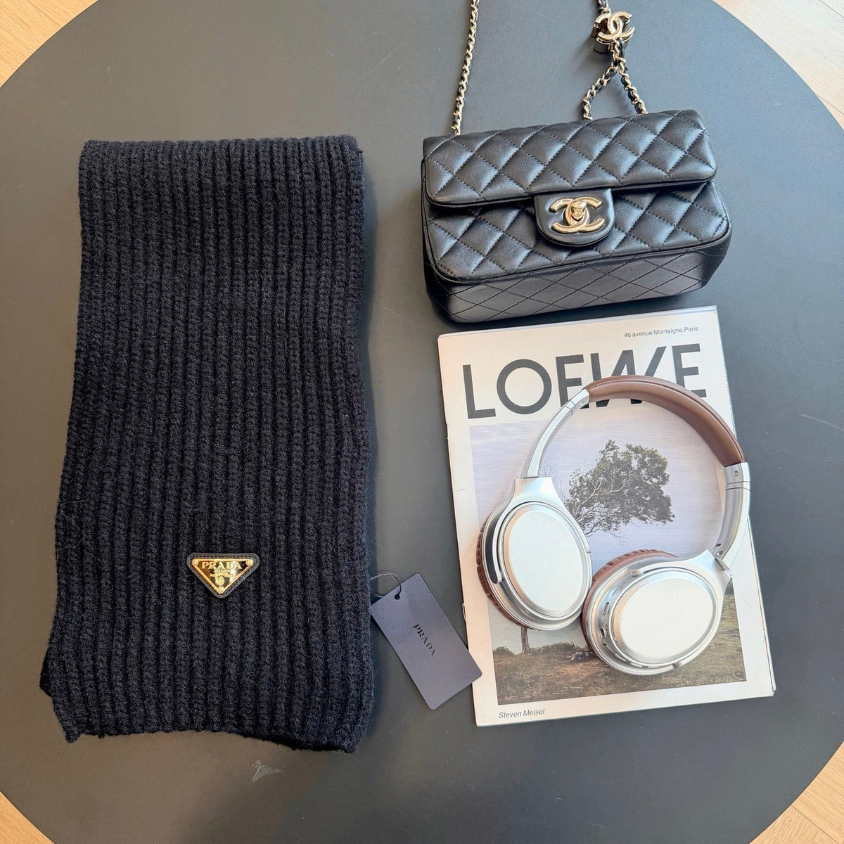 Prada Style Rib-Knit Logo Scarf