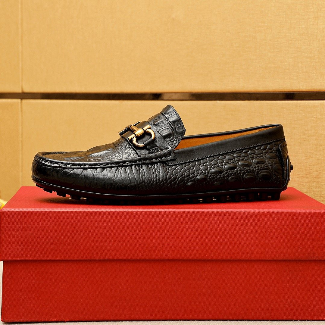 Ferragamo Black Embossed Leather Loafers