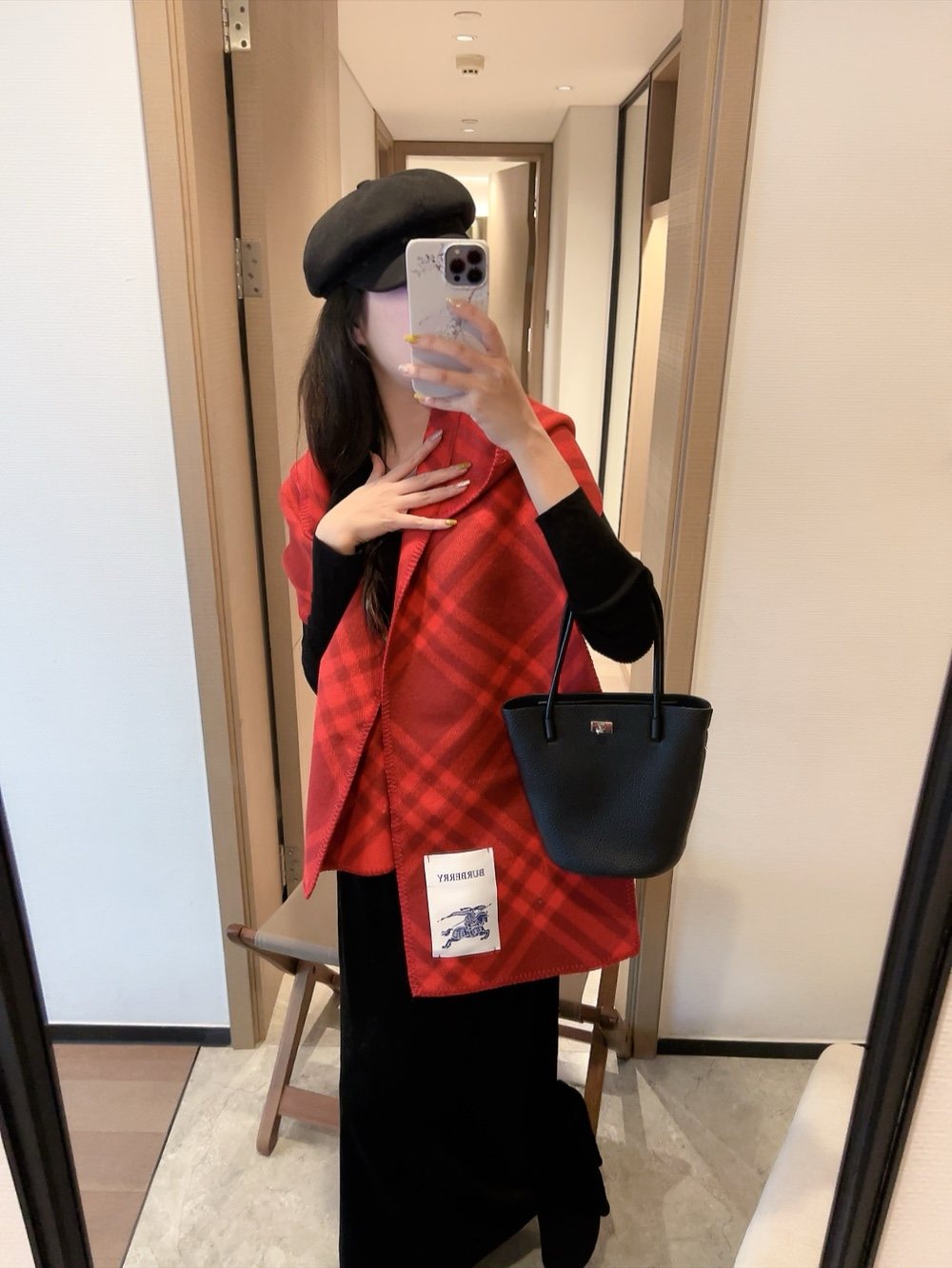 Burberry Red Plaid Hooded Scarf Shawl