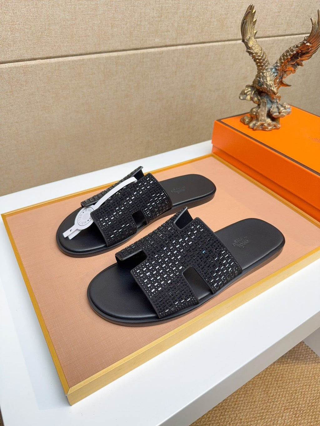 Hermès Black Textured H Slide Sandals - Beige Outsole