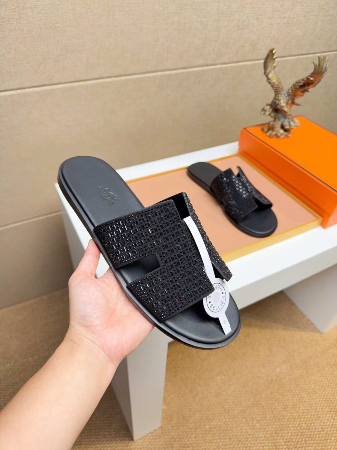 Hermès Black Textured H Slide Sandals - Beige Outsole