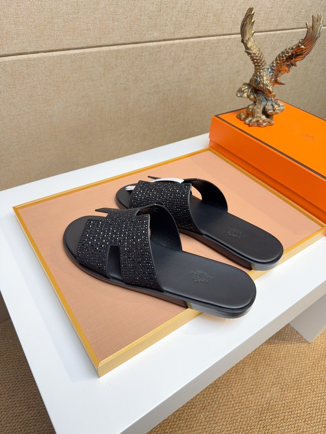 Hermès Black Textured H Slide Sandals - Beige Outsole