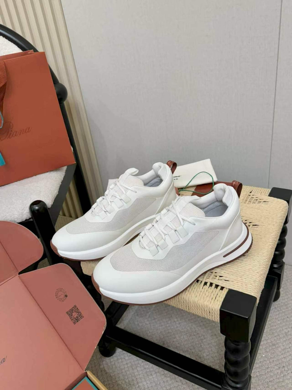 Loro Piana White and Gray Low-Top Sneakers