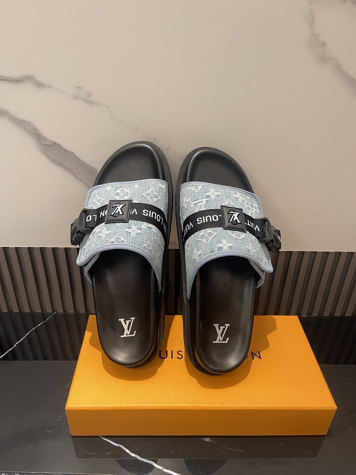 Louis Vuitton Light Blue and Black Slide Sandals