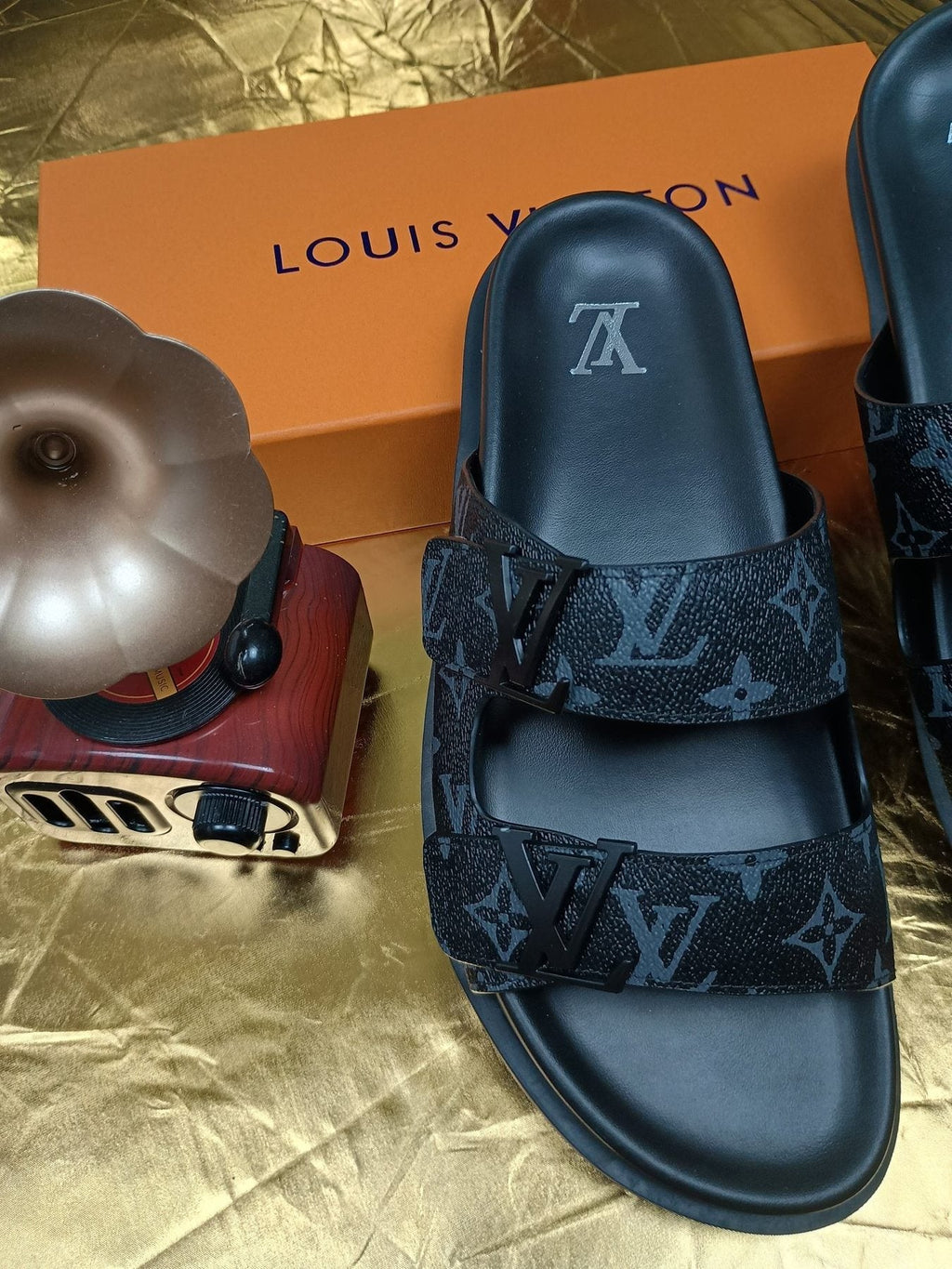 Louis Vuitton Dark Gray Monogram Slide Sandals - Black Footbed