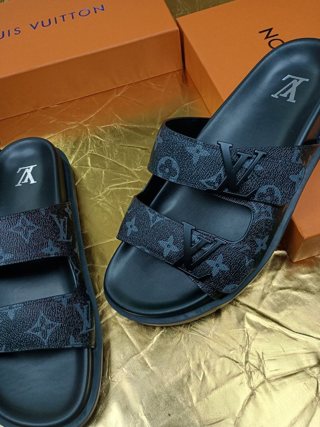 Louis Vuitton Dark Gray Monogram Slide Sandals - Black Footbed