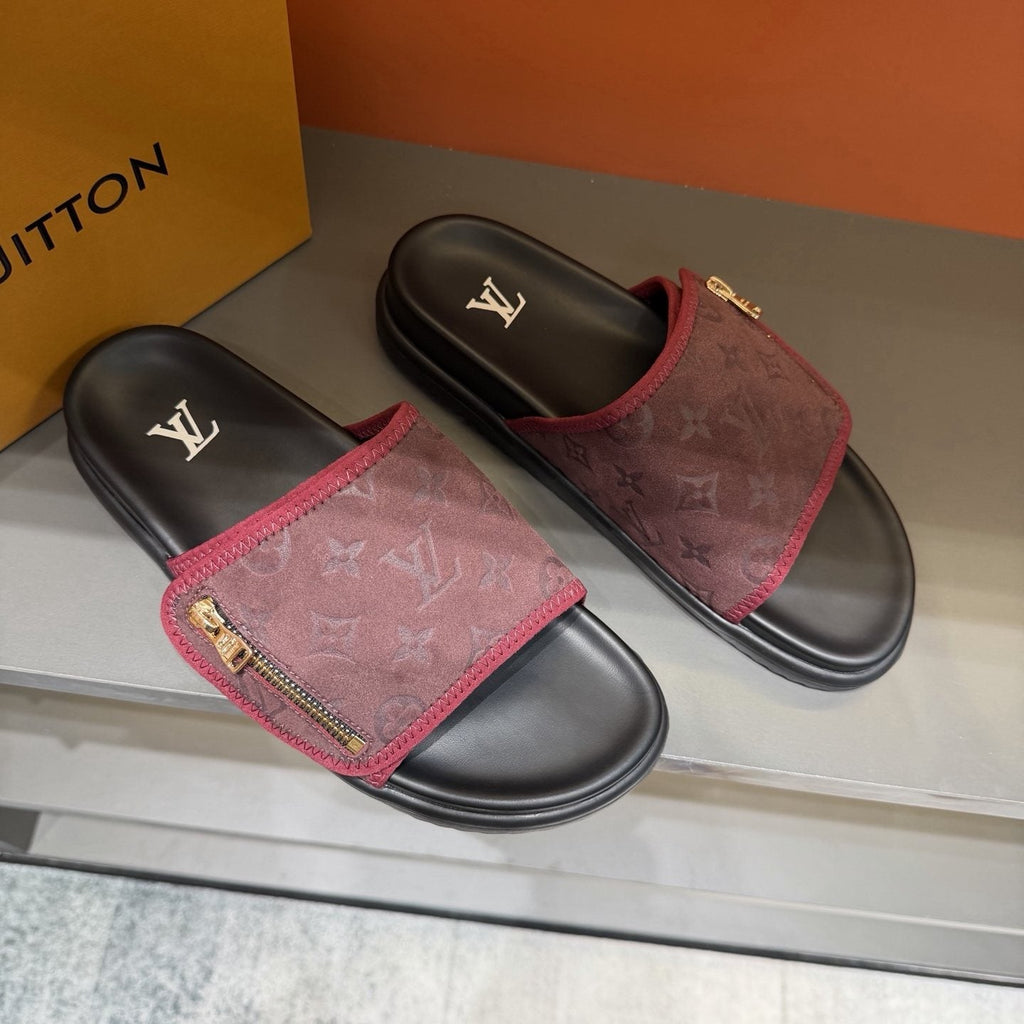 Louis Vuitton Burgundy Patterned Slide Sandals