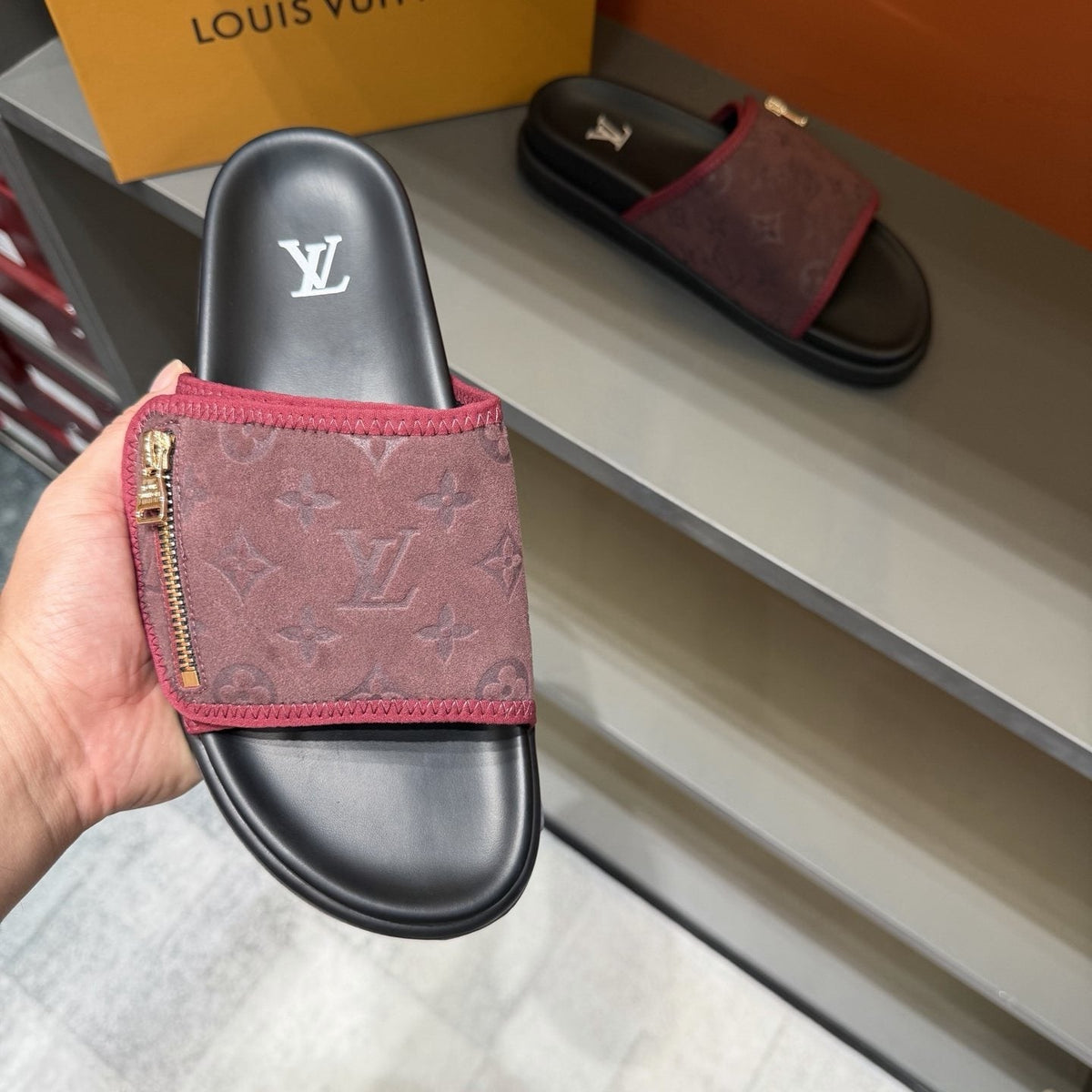 Louis Vuitton Burgundy Patterned Slide Sandals