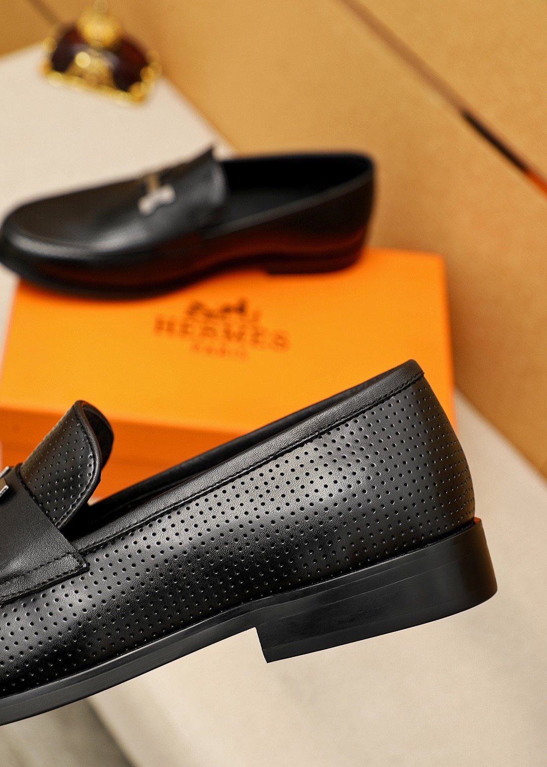 Hermès Black Perforated H-Hardware Loafers