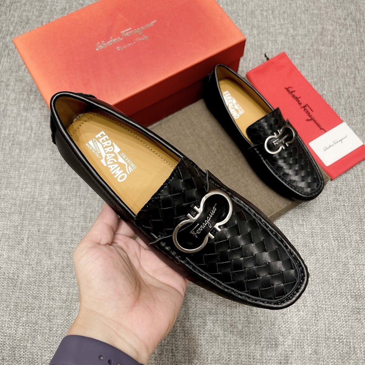 Ferragamo Black Woven Driving Loafers