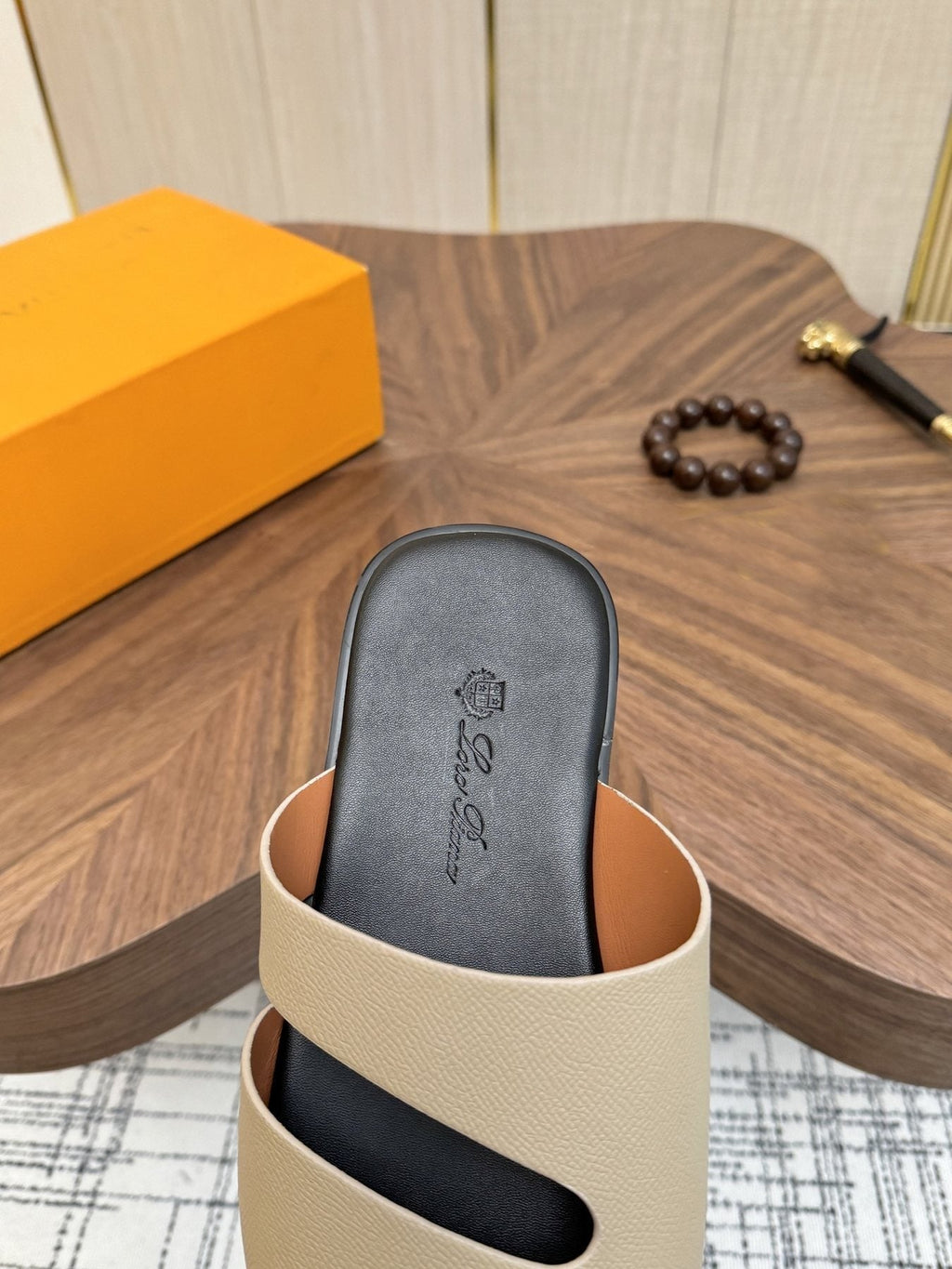 Loro Piana Cream and Black Slide Sandals