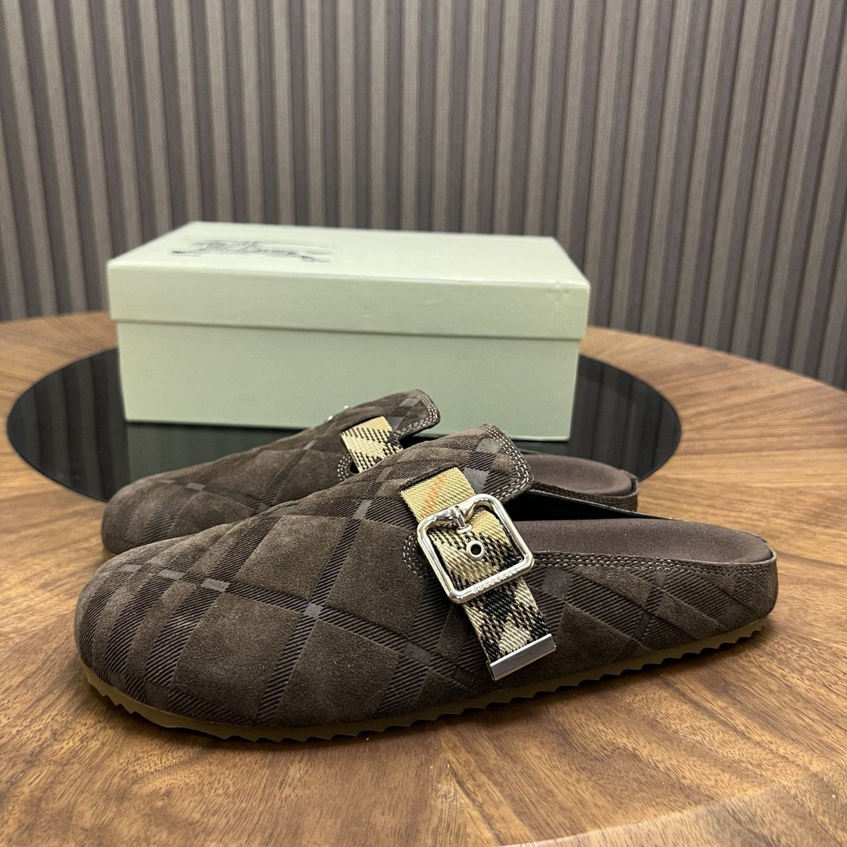 Burberry Men's Dark Brown Check Buckle Mule Slippers