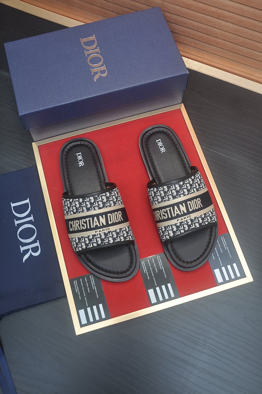 Dior Patterned Strap Slide Sandals - Black, Beige & Gray