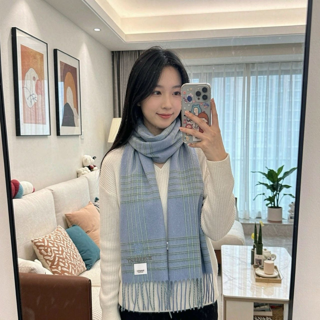 Burberry Light Blue Plaid Fringed Scarf