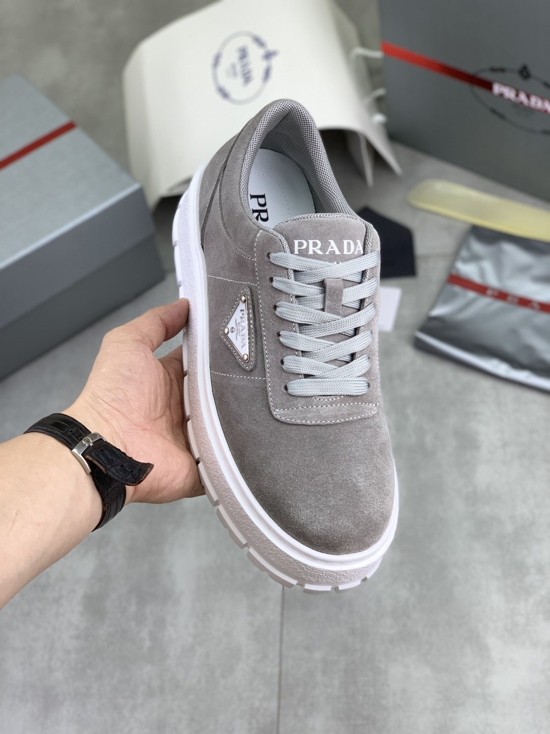 Prada Men's Lace-Up Sneakers with Ridged Soles