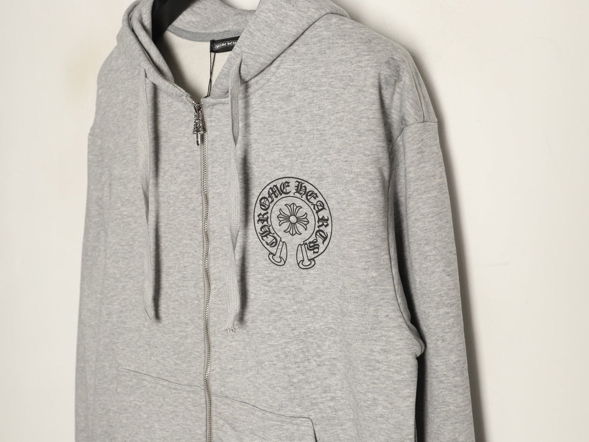 Chrome Hearts Horseshoe and Gothic-Lettering Zip Hoodie - Light Gray